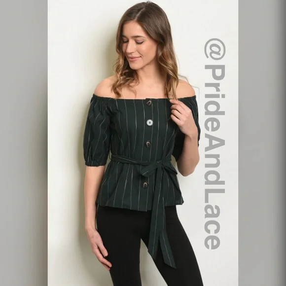 LAST 1️⃣ 🍃🍂GREEN STRIPES LINEN TOP🍂🍃 - Picture 1 of 2